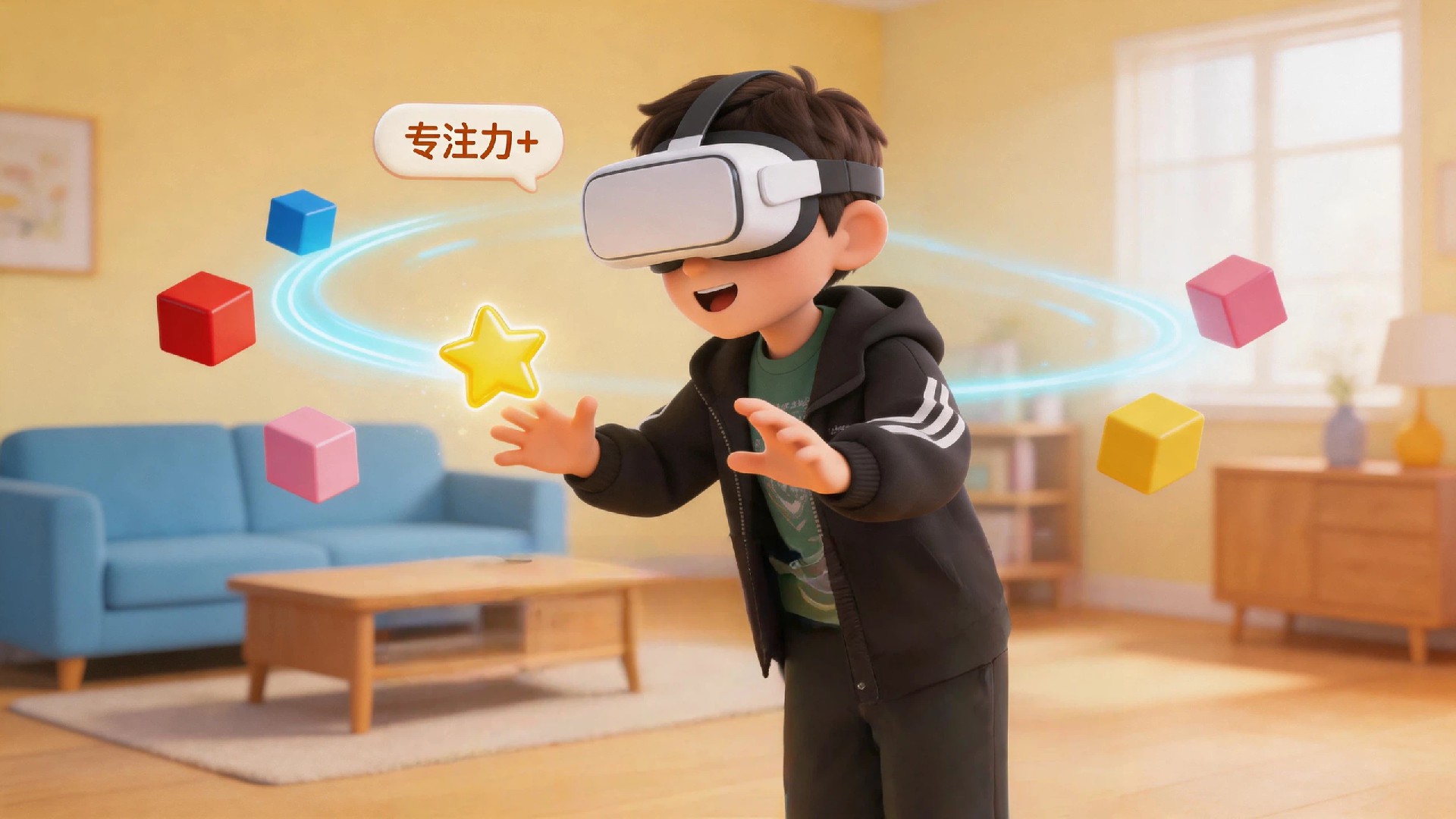 jimeng-2026-05-20-7460-明亮活泼的3D卡通渲染风格。一个8岁左右的男孩戴着VR头显（如参考图），站在家中....jpg